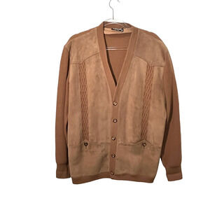 TORRAS Cardigan Sweater Men's Size L Spain Size 54 Brown Suede Front Retro 60s